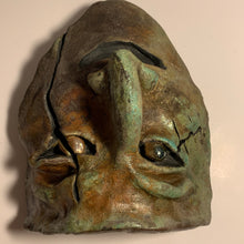 Load image into Gallery viewer, Raku clay sculpture mask, slit eye glazed stare. AGE
