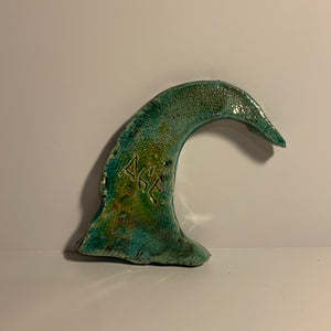 Fired clay sculpture, wave tile turquoise. AGE
