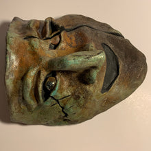 Load image into Gallery viewer, Raku clay sculpture mask, slit eye glazed stare. AGE